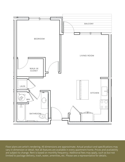 A floor plan of an apartment with a living room, bedroom, kitchen, bathroom, and laundry area.